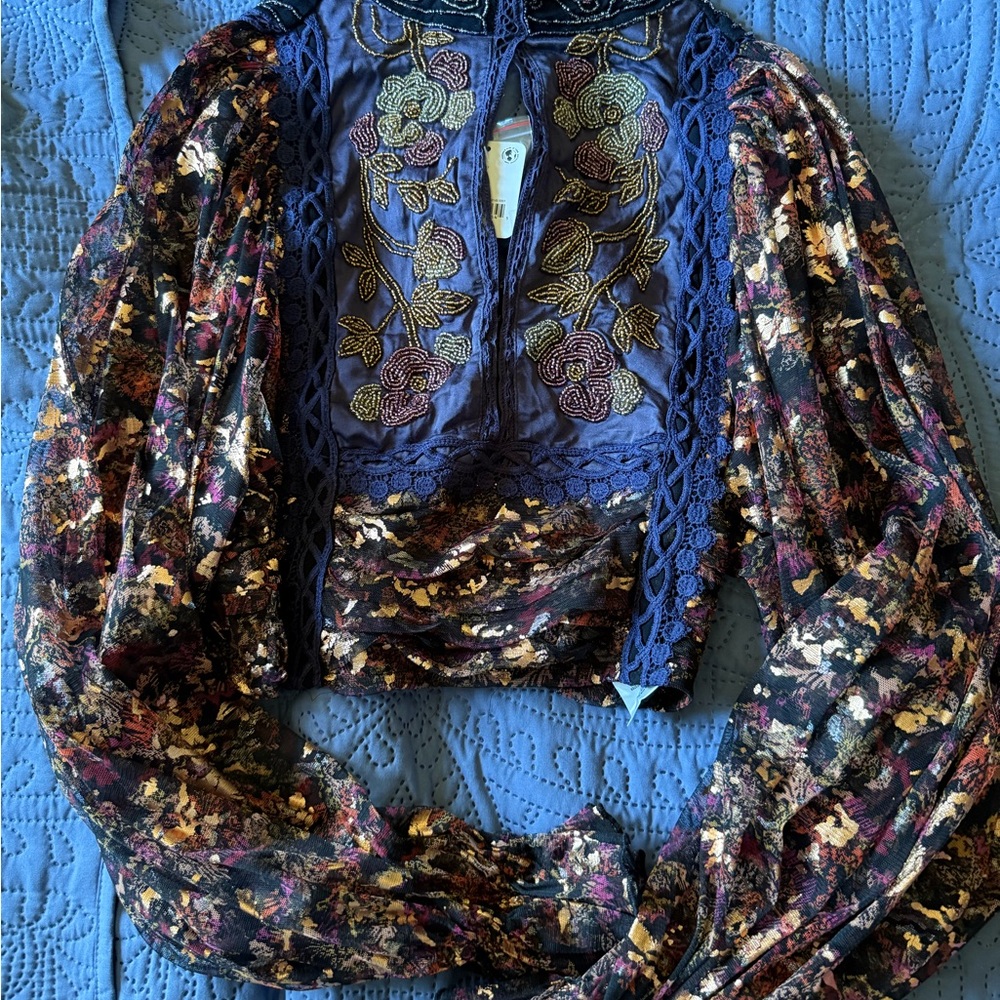 Free People Blue Long Sleeve Cropped Blouse